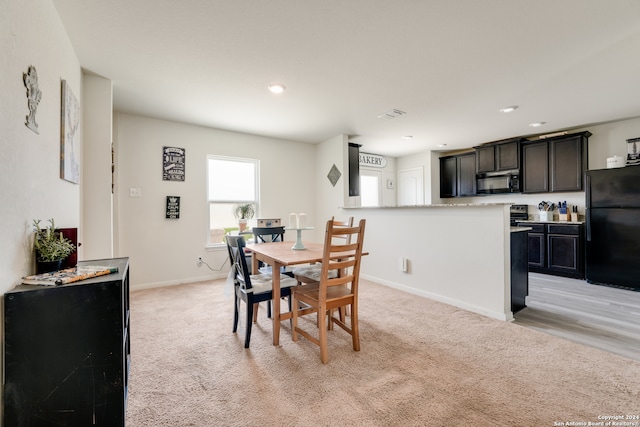 dining space with light carpet