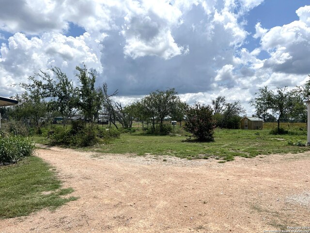 view of yard with a rural view and a shed