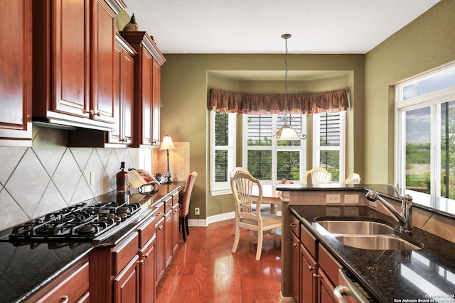 kitchen with hardwood / wood-style flooring, tasteful backsplash, sink, and a wealth of natural light