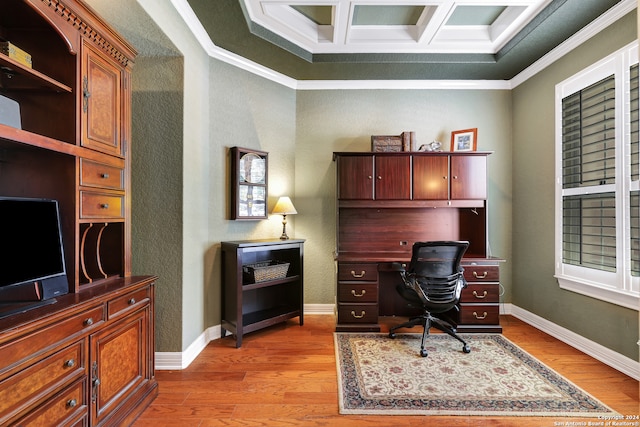 office space featuring crown molding, light hardwood / wood-style floors, and built in desk