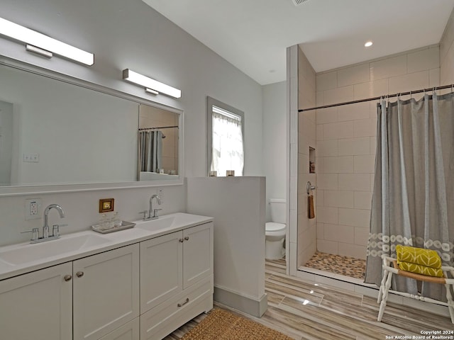 bathroom featuring toilet, double vanity, and walk in shower