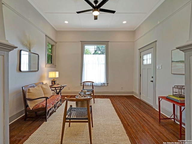 living area featuring ceiling fan, crown molding, and dark wood-type flooring