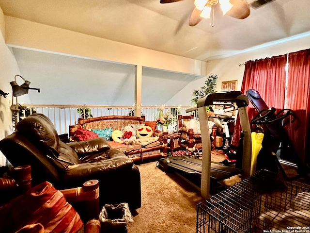 interior space featuring carpet flooring and ceiling fan