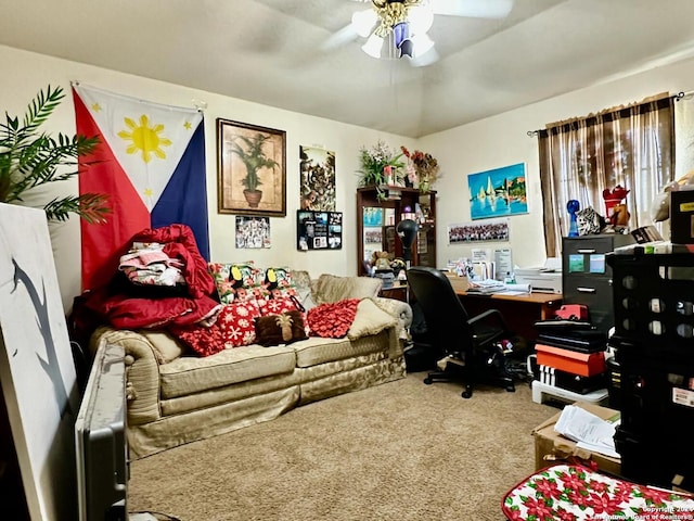 carpeted office with ceiling fan