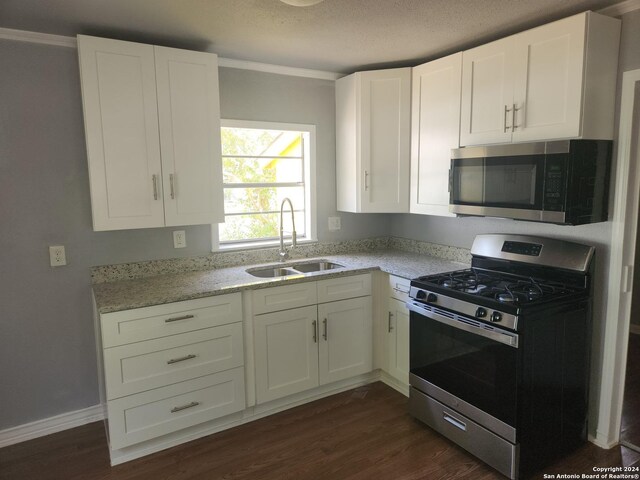 kitchen featuring stainless steel appliances, white cabinetry, sink, light stone countertops, and dark hardwood / wood-style flooring