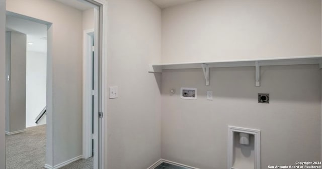 clothes washing area featuring carpet, electric dryer hookup, gas dryer hookup, and washer hookup