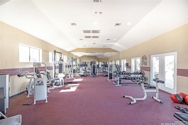 workout area featuring french doors, plenty of natural light, and vaulted ceiling