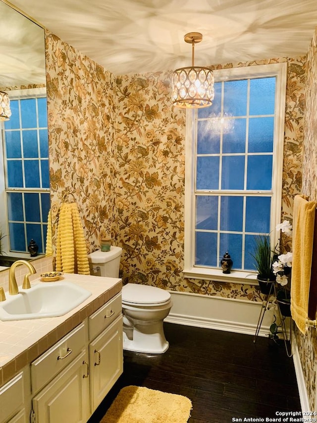 bathroom with toilet, baseboards, wood finished floors, and vanity