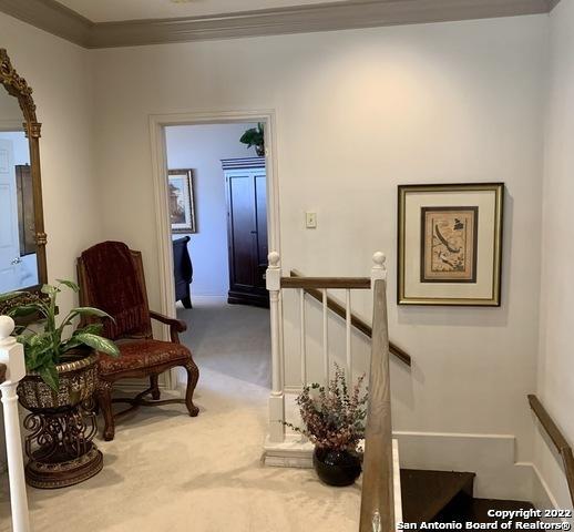 sitting room featuring carpet floors, crown molding, and an upstairs landing