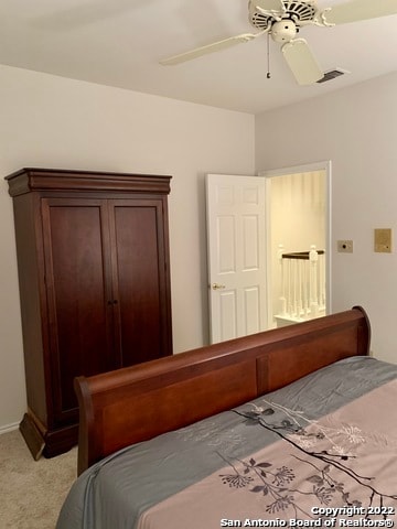 bedroom featuring carpet flooring and ceiling fan