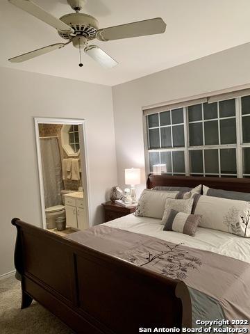 carpeted bedroom with ceiling fan and ensuite bath