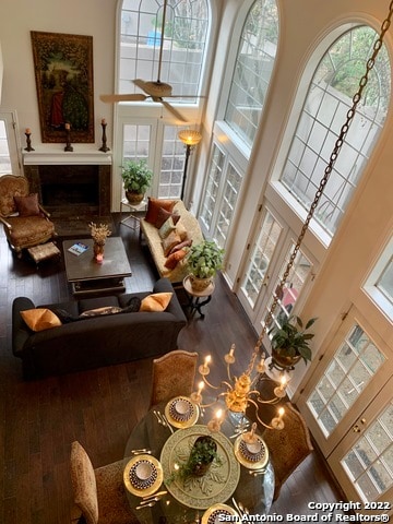 living room with a high ceiling, a healthy amount of sunlight, and wood-type flooring