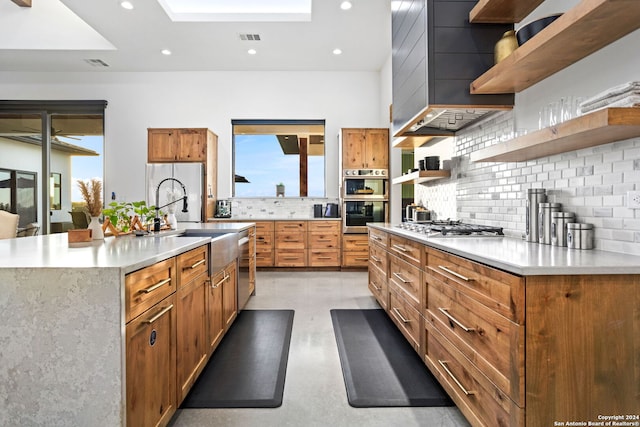 kitchen featuring open shelves, stainless steel appliances, visible vents, and recessed lighting