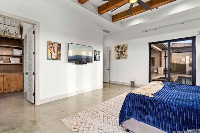 bedroom with visible vents, beam ceiling, finished concrete floors, baseboards, and access to exterior