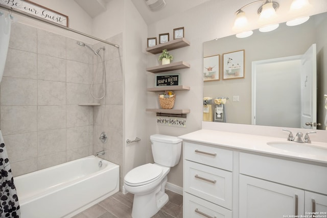 full bathroom featuring vaulted ceiling, toilet, vanity, and shower / bath combo with shower curtain