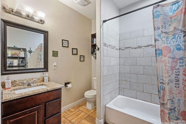 full bathroom featuring toilet, vanity, shower / bath combo, and tile patterned floors