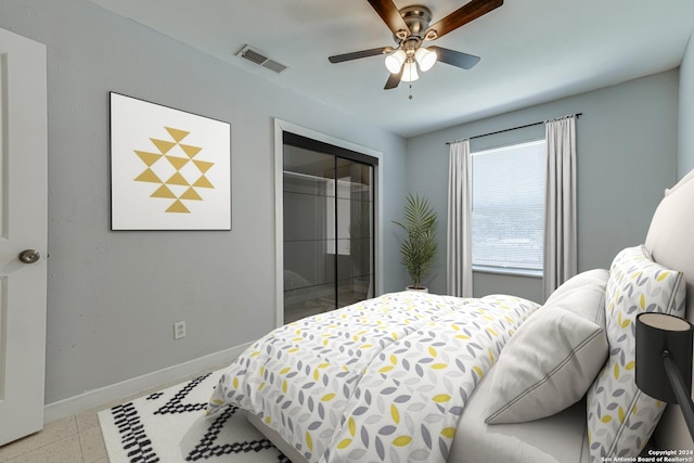 bedroom with a ceiling fan, baseboards, visible vents, and a closet