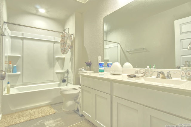 full bathroom featuring shower / bath combination, tile patterned flooring, toilet, and vanity