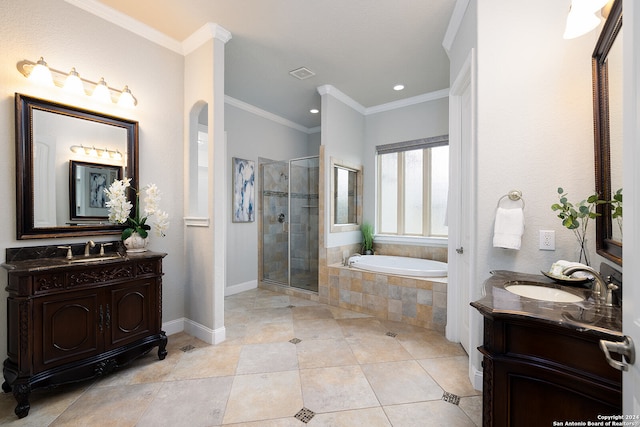 bathroom featuring vanity, ornamental molding, independent shower and bath, and tile patterned floors