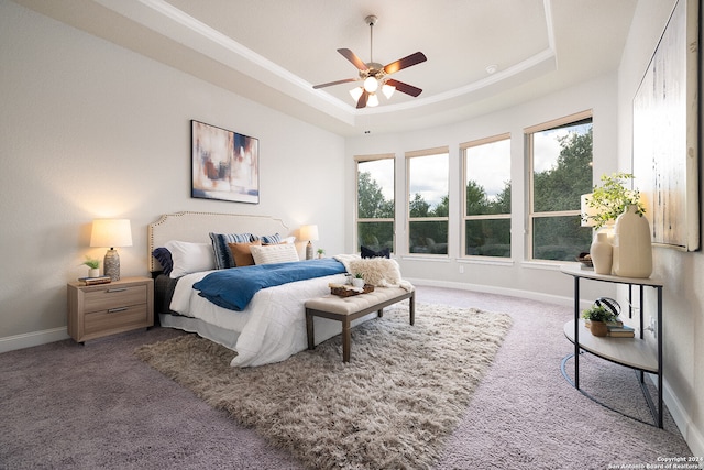 carpeted bedroom with ceiling fan, multiple windows, and a tray ceiling