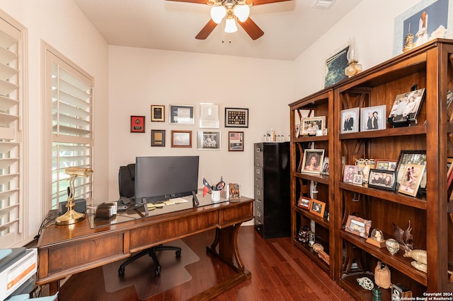 office space featuring dark wood-style floors, ceiling fan, and visible vents