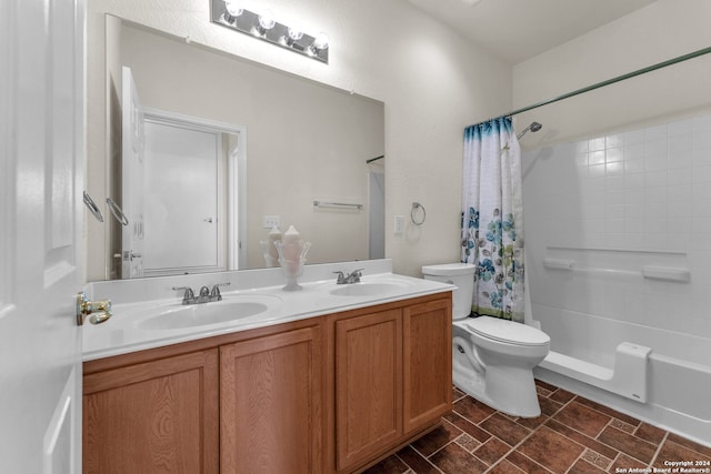 full bathroom featuring tile patterned floors, toilet, shower / tub combo, and dual bowl vanity