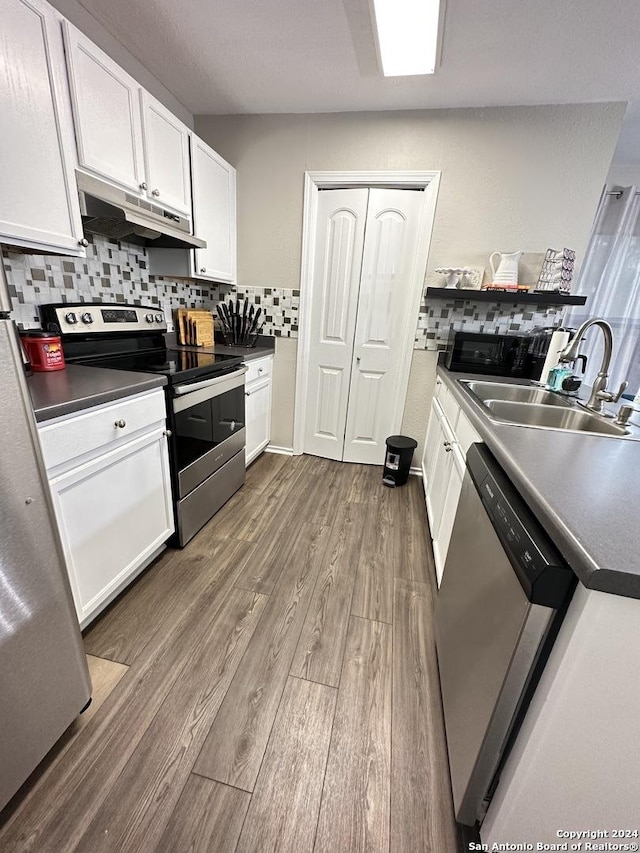 kitchen featuring appliances with stainless steel finishes, backsplash, a sink, and under cabinet range hood