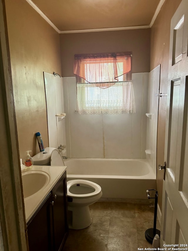 full bathroom featuring toilet, vanity, bathtub / shower combination, and tile patterned floors