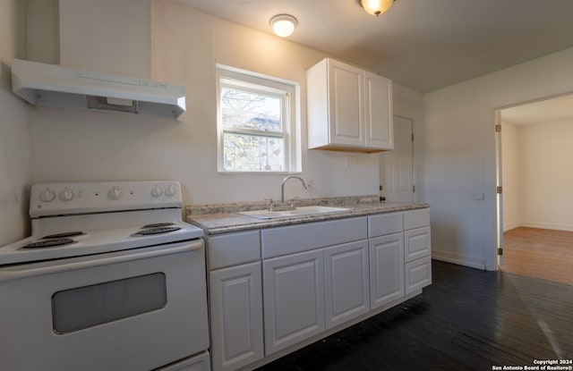 kitchen with sink, white electric stove, dark wood-type flooring, light stone counters, and white cabinets