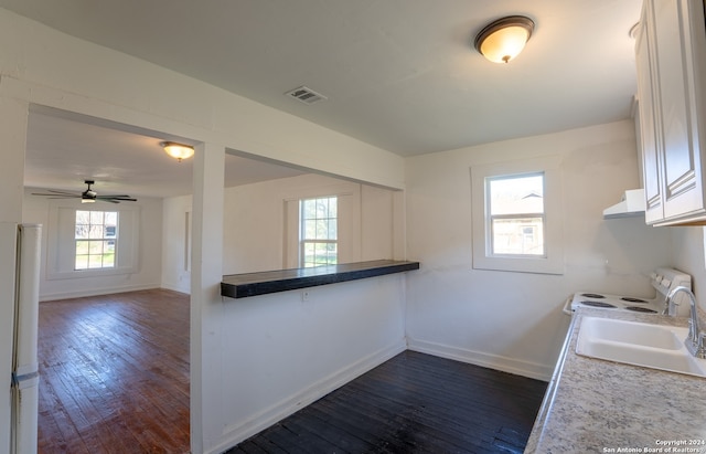 kitchen featuring sink, white cabinets, dark hardwood / wood-style flooring, ceiling fan, and white fridge