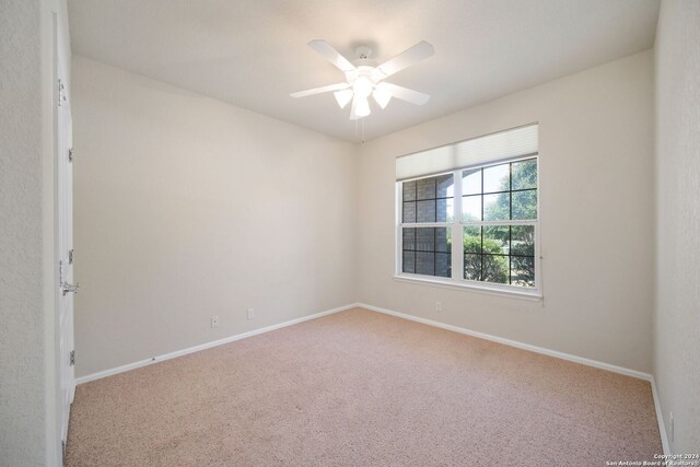 spare room with ceiling fan and carpet