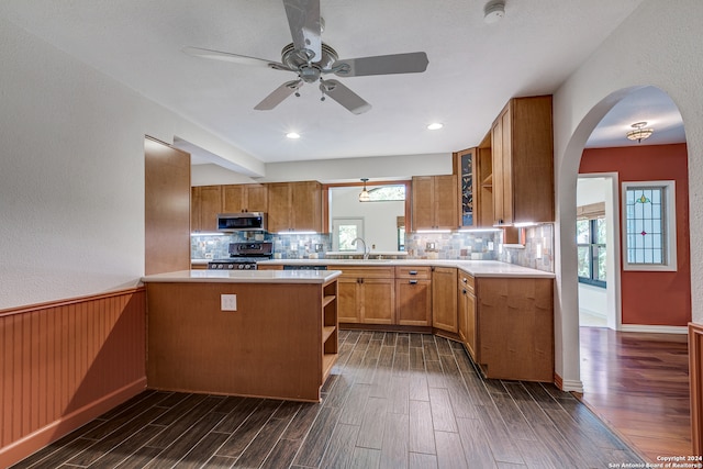 kitchen featuring stainless steel appliances, decorative backsplash, dark hardwood / wood-style floors, kitchen peninsula, and ceiling fan