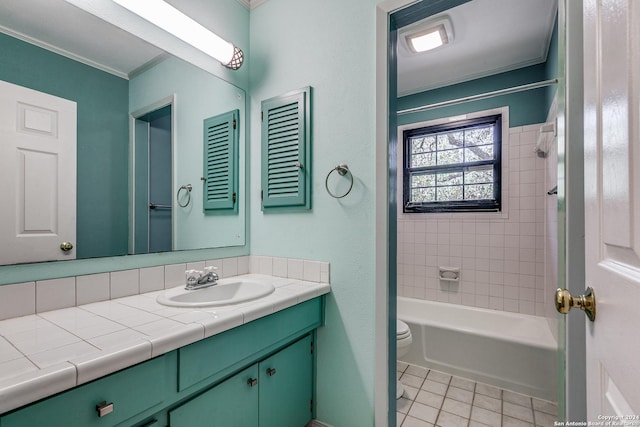 bathroom with toilet, shower / bath combination, vanity, tile patterned floors, and crown molding