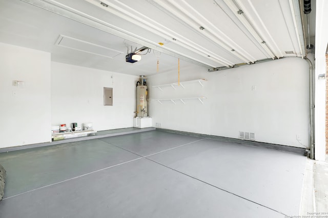 garage featuring gas water heater, a garage door opener, and electric panel