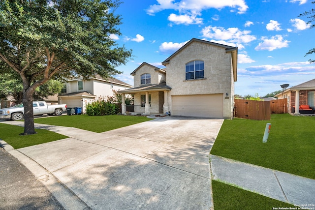 traditional home featuring a garage, stone siding, and a front lawn