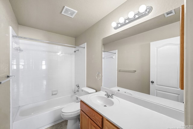 full bath featuring toilet, bathing tub / shower combination, vanity, and visible vents