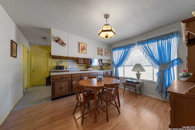 dining room featuring a textured ceiling and light hardwood / wood-style floors