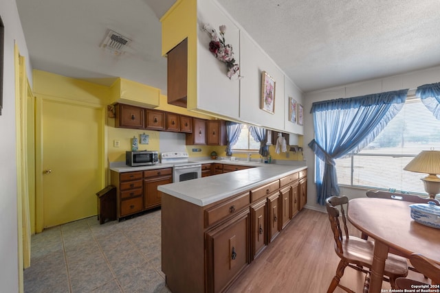 kitchen featuring sink, white electric range oven, a textured ceiling, and wood-type flooring