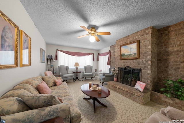 carpeted living room with a textured ceiling, ceiling fan, and a brick fireplace