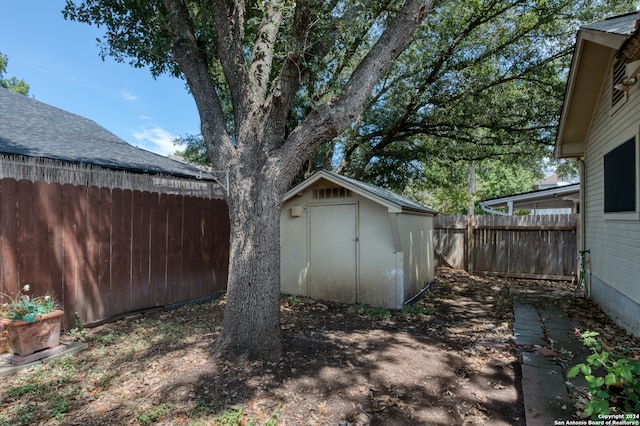 view of yard with a storage shed