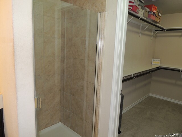 bathroom with a shower with door