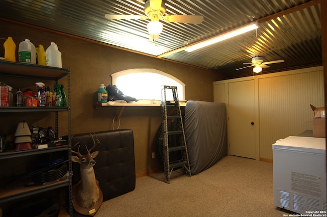 interior space featuring carpet floors and a ceiling fan