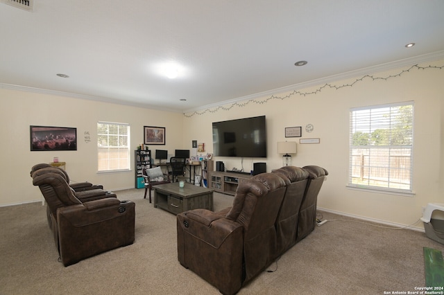 carpeted living room with ornamental molding