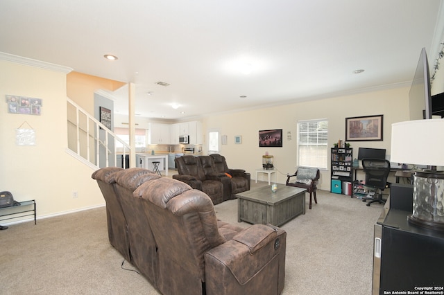 living room featuring light colored carpet and crown molding