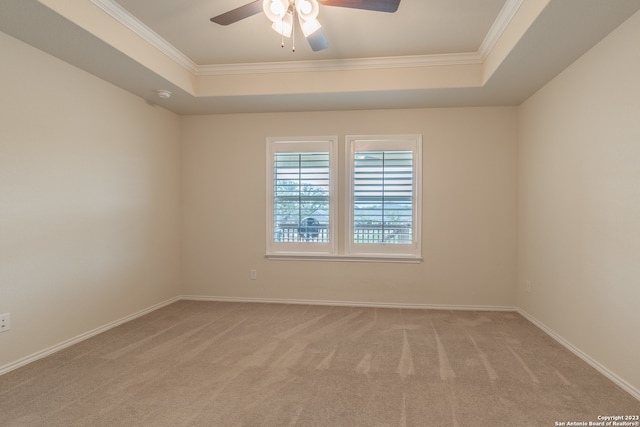 spare room featuring ceiling fan, carpet, crown molding, and a tray ceiling