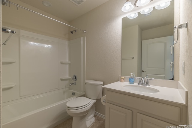 full bathroom with washtub / shower combination, toilet, and vanity