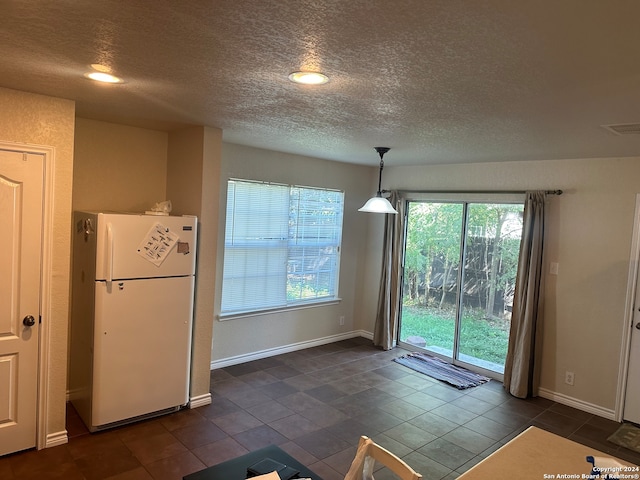 kitchen with decorative light fixtures, white fridge, a healthy amount of sunlight, and dark tile patterned floors