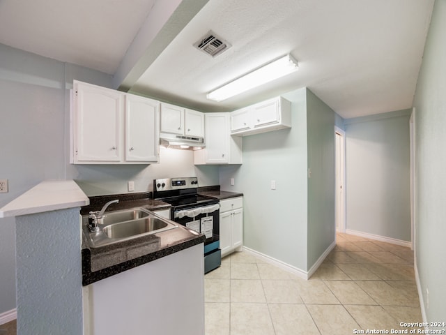 kitchen with electric stove, white cabinets, sink, kitchen peninsula, and light tile patterned flooring