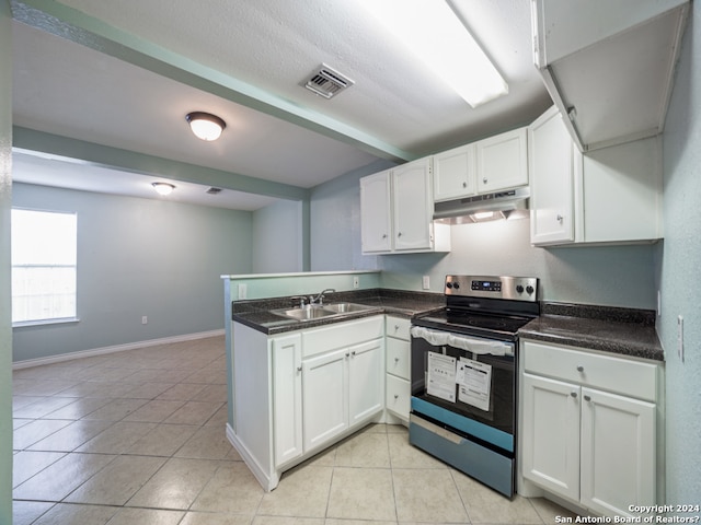 kitchen featuring sink, stainless steel electric range, light tile patterned floors, kitchen peninsula, and white cabinets