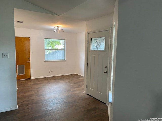 foyer with lofted ceiling and dark hardwood / wood-style flooring